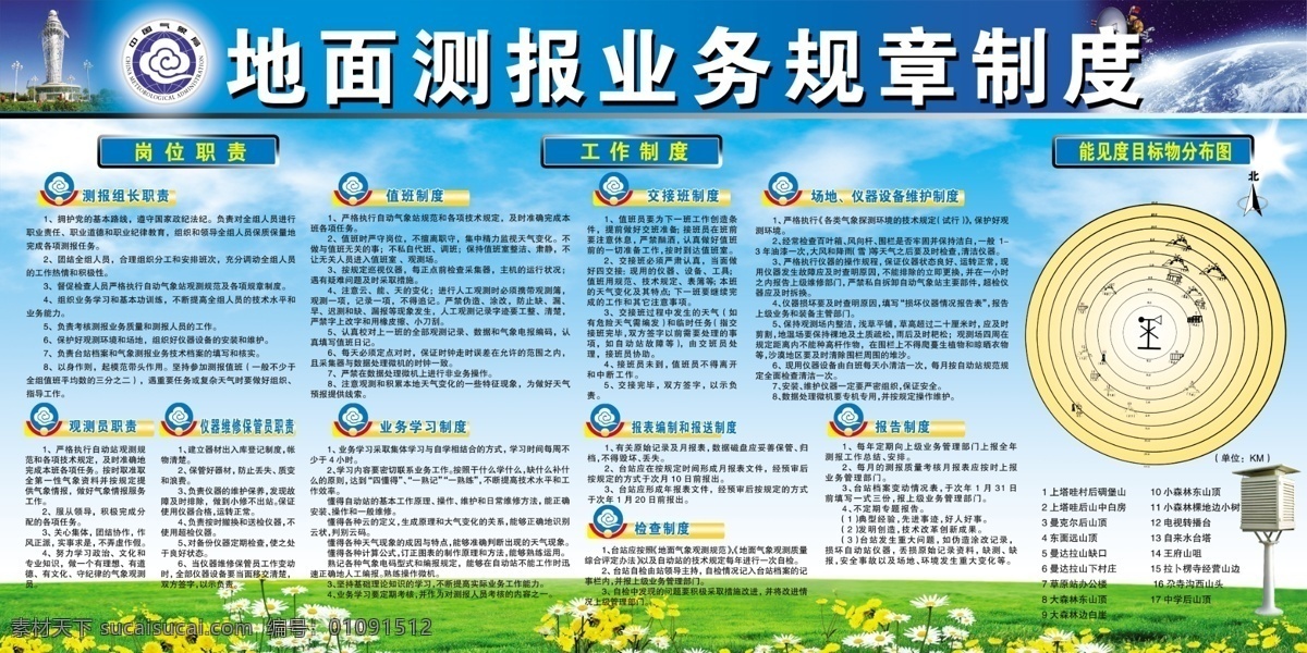 气象局 气象局展板 气象局标志 卫星 气象塔 地面 测报 业务 规章制度 展板模板 能见度 目标 分布图 草原 花草 广告设计模板 源文件