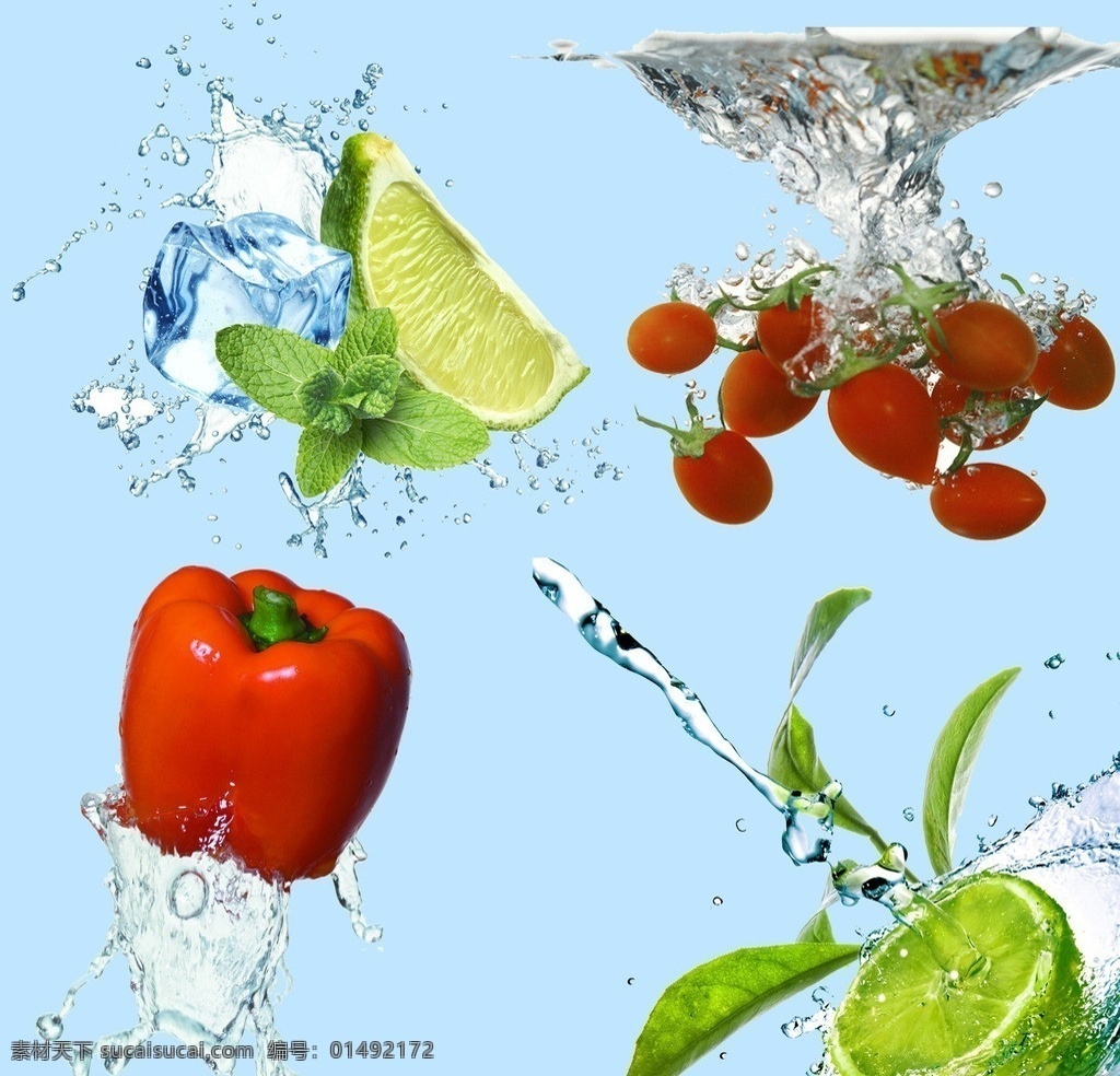 新鲜水果 冰块与柠檬 水中的草莓 水中的辣椒 冰水柠檬 水中的水果 夏季水果 分层 源文件