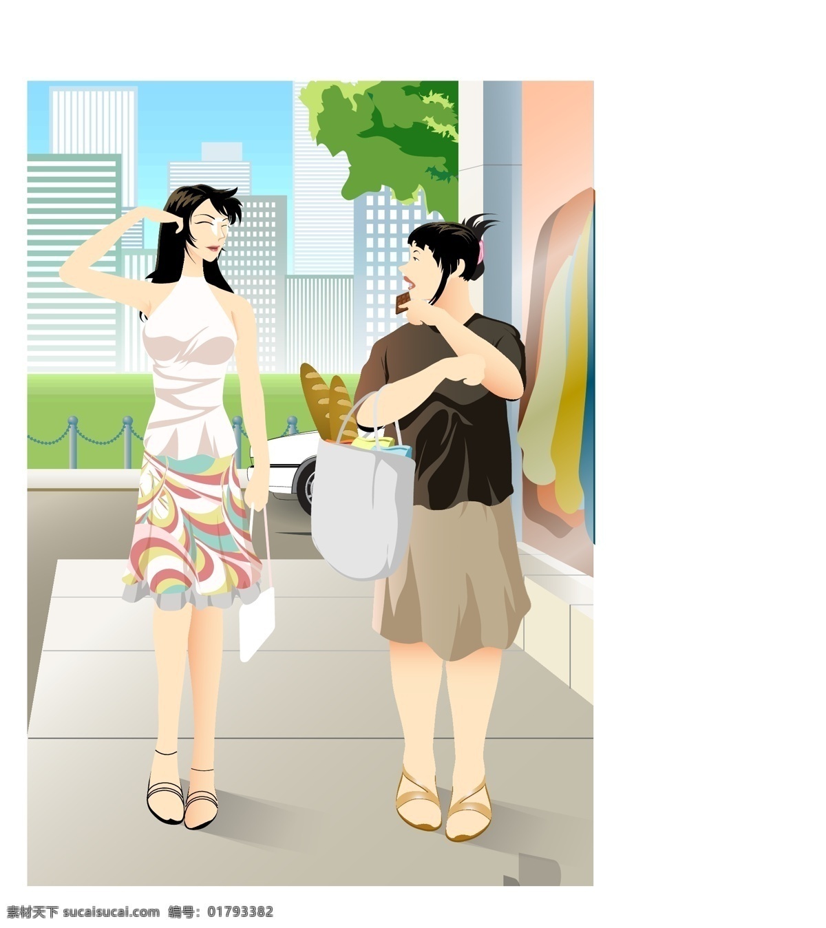 美女 逛街 包 城市 房子 购物 楼房 汽车 小车 衣服 美女逛街 矢量图 矢量人物