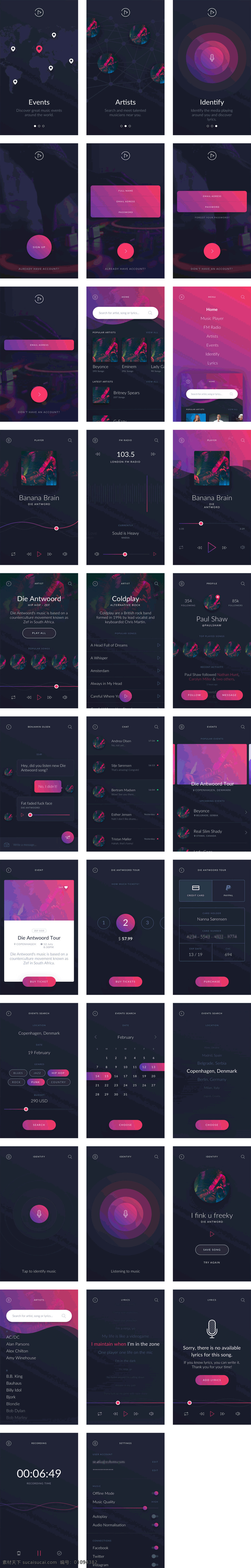 紫红 黑色 音乐 应用 界面 包 sketch 摇滚风格 app muzika 应用界面 格式
