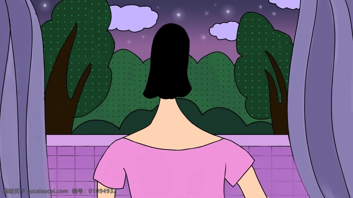 午夜 城阳 台上 看 星星 少女 插画 海报 配 图 阳台 树林 壁纸 午夜之城 夜晚 配图 安逸 休闲