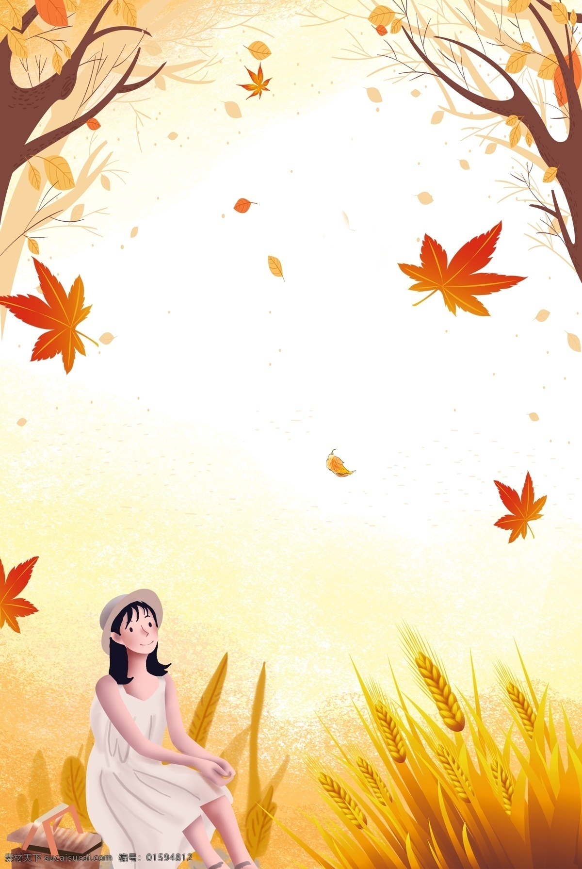 九月 你好 秋天 海报 文艺 清新 秋季 植物 落叶 草地 麦穗 女孩