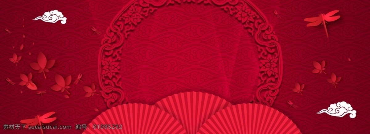 中国 风 红色 祥云 边框 花朵 纹理 banner 中国风 蜻蜓 圆形边框 复古 海报