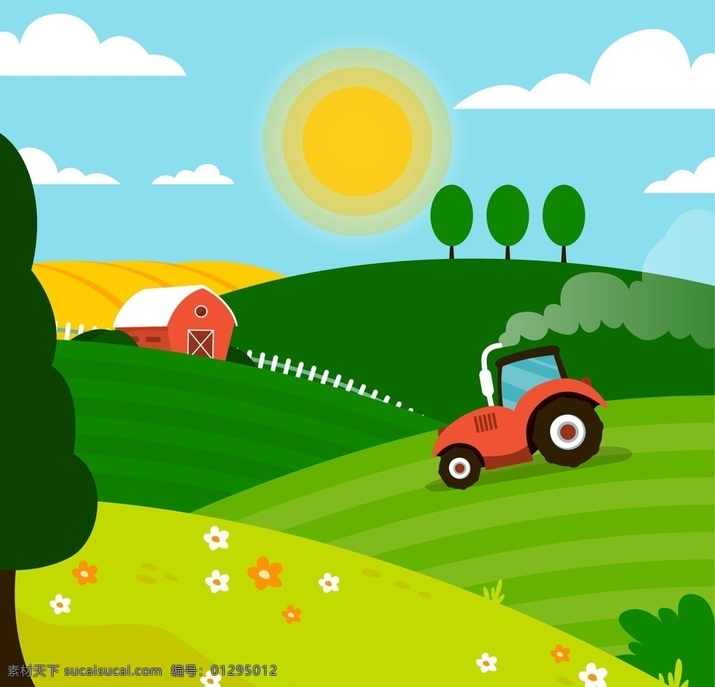 扁平拖拉机 太阳 自然 农场 景观 地势平坦 蔬菜 生态 有机 扁平 环境 拖拉机 开发 地面 乡村 友好 谷仓