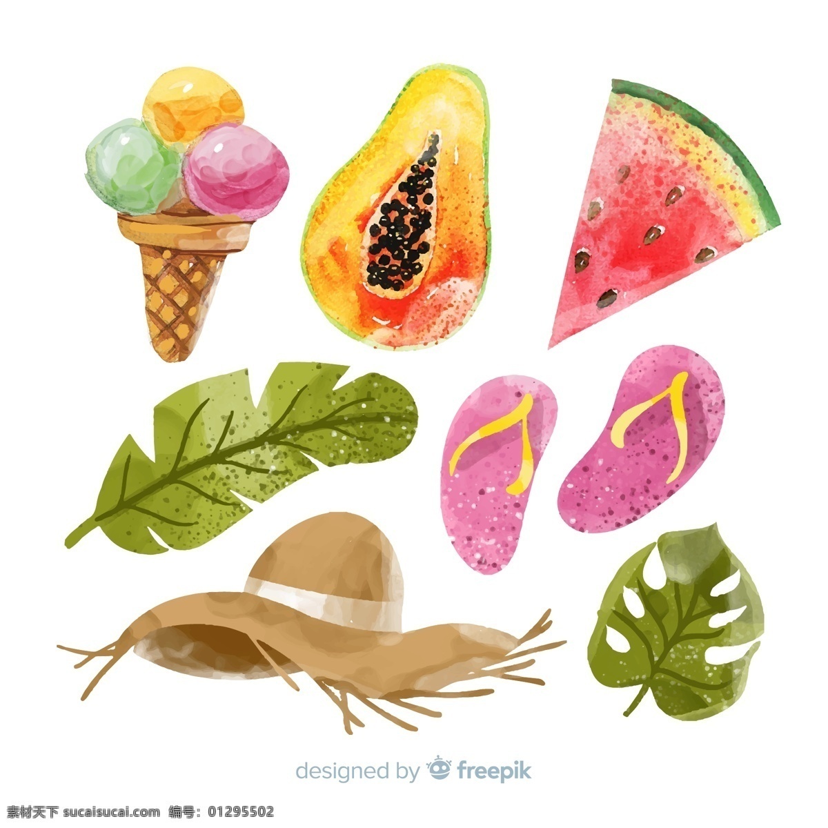 彩绘 夏季 元素 冰淇淋 木瓜 西瓜 树叶 沙滩拖鞋 矢量 高清图片