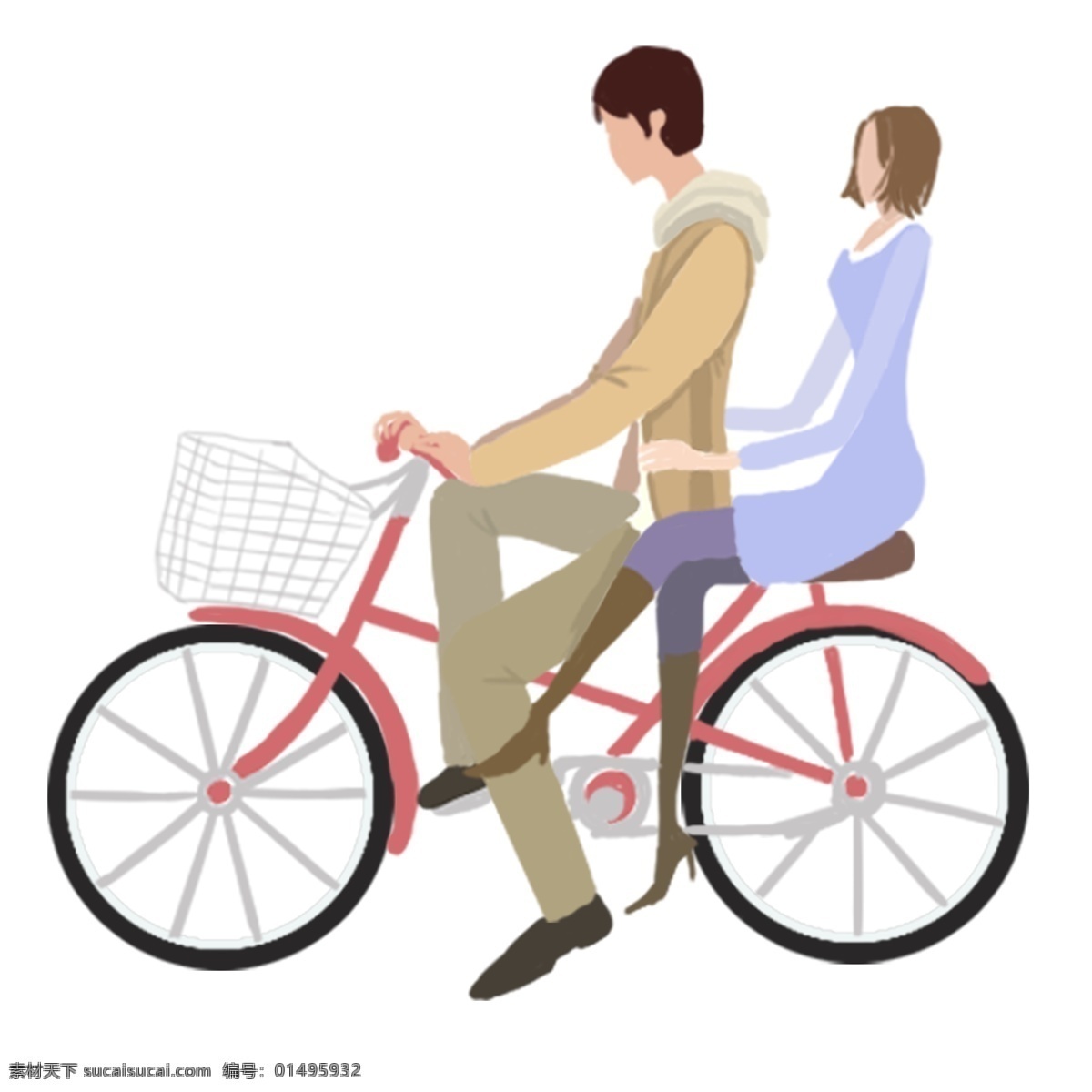 人物 男女 骑 单车 插画 情侣 卡通 彩色 水彩 小清新 创意 装饰 图案 手绘风