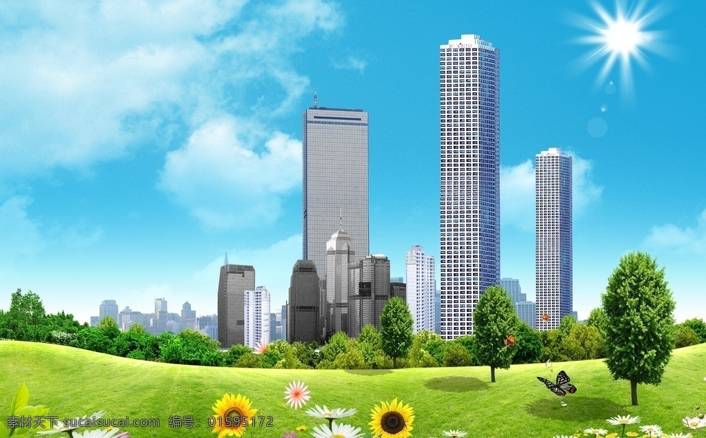 生态城市 绿色 高楼 城市 鲜花 葱郁 太阳 房地产 清新 psd分层 分层 源文件