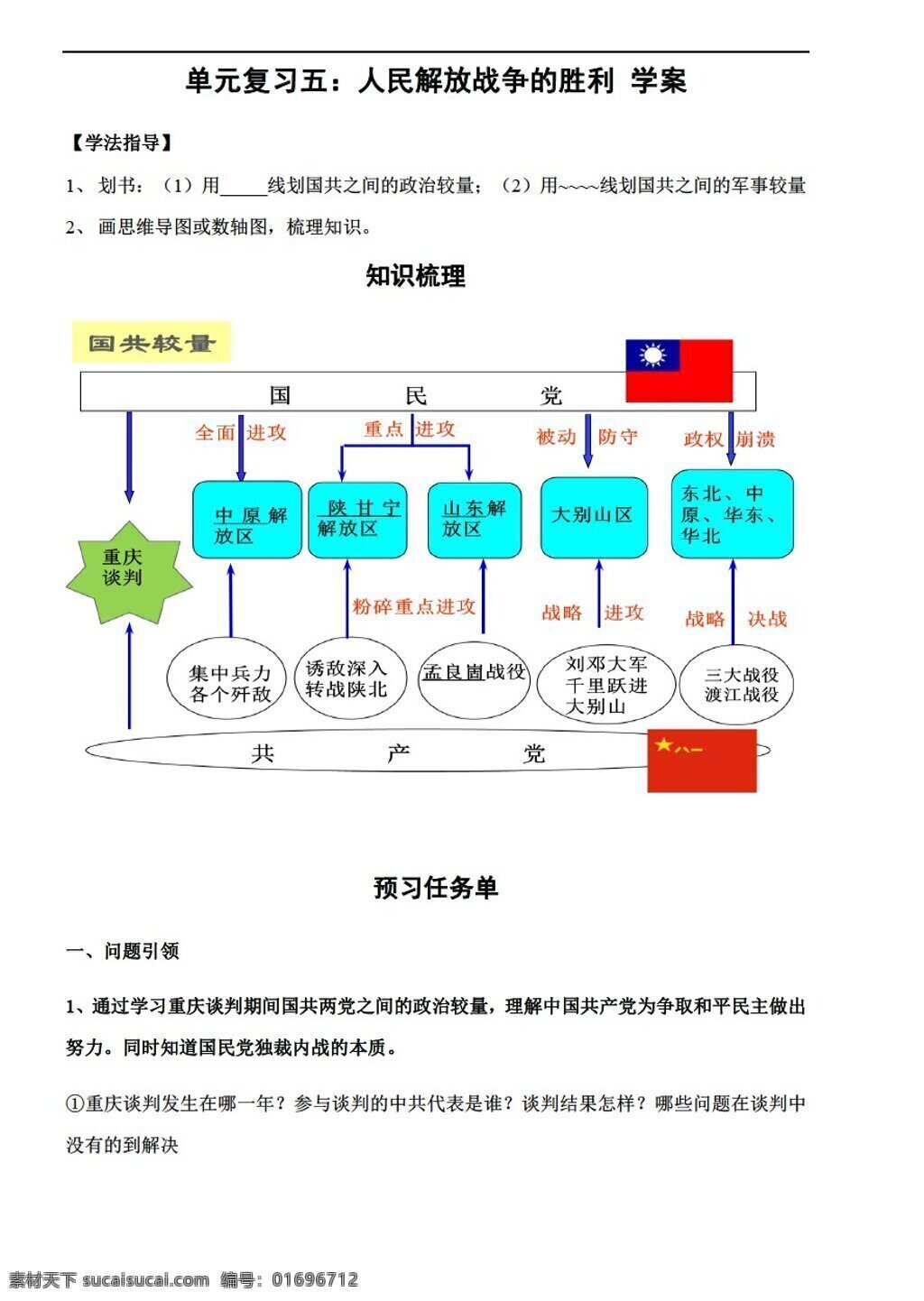 八 年级 上册 历史 五 单元 人民解放战争 胜利 复习学案 北师大版 八年级上册 学案