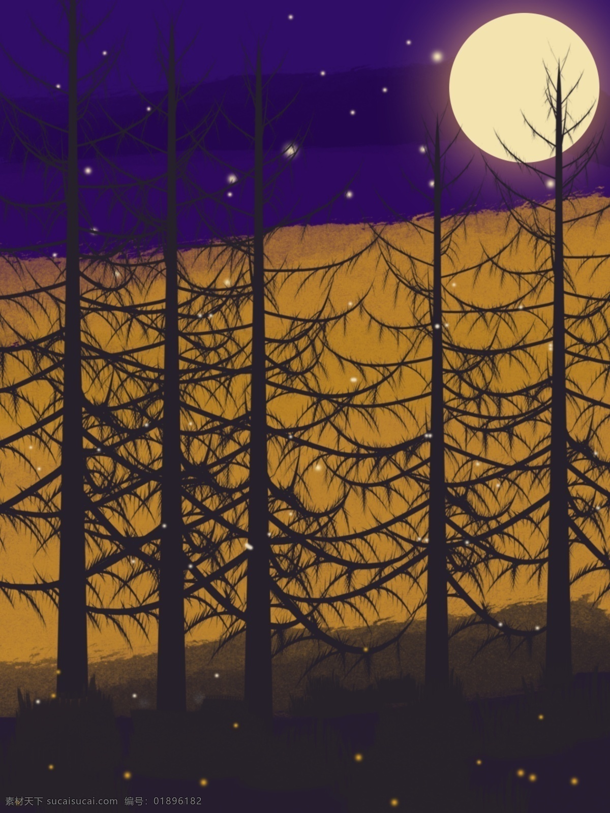 全 原创 手绘 风 万圣节 森林 剪影 插画 恐怖 背景 图 夜晚 神秘 万圣节背景 惊悚背景 万圣节快乐 手绘风