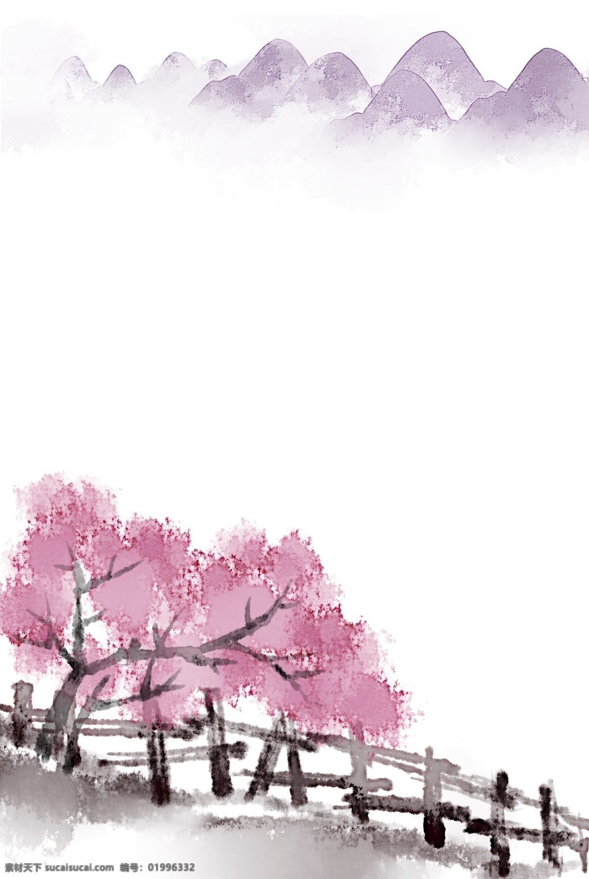 花山 时节 水墨 山水风景 花树 粉色 山峦 云海 云雾 山石 肌理 国画 风景 山水画