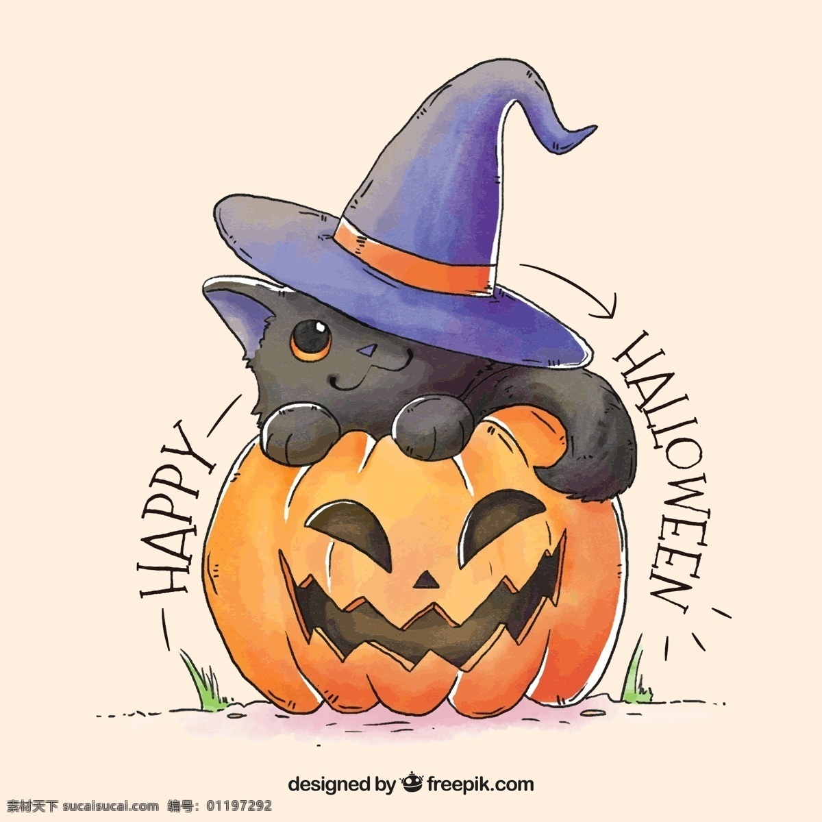 彩绘 万圣节 南瓜 头上 黑猫 happy halloween 南瓜头 猫 文化艺术 绘画书法