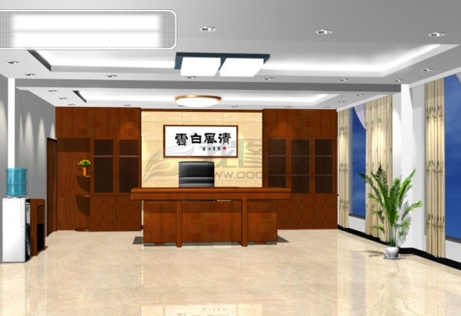 办公室 效果图 办公椅 办公桌 窗帘 灯具 花瓶 书柜 饮水机 茶水柜 3d模型素材 其他3d模型