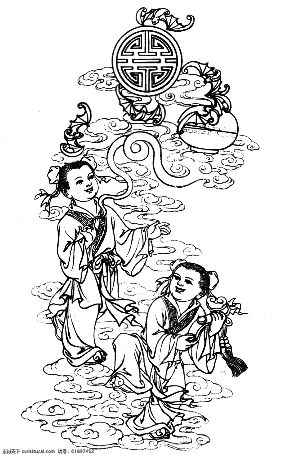 福寿和合 白描 图案 绘画 古典 传统纹样 人物 神话传说 白描人物 传统文化 文化艺术
