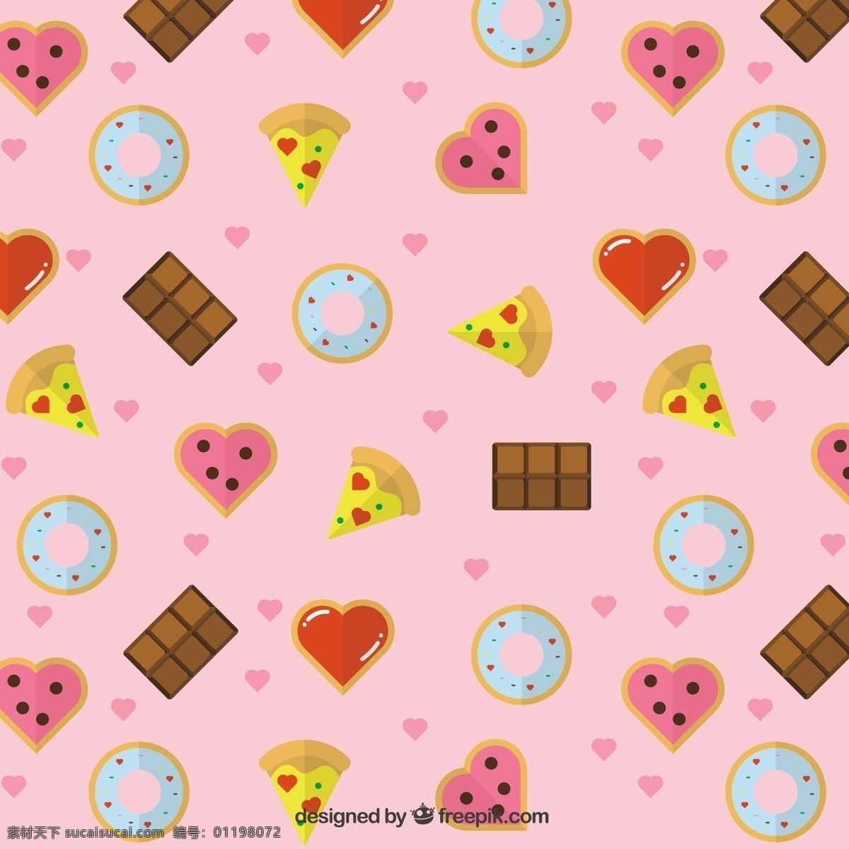 美味 食物 心脏 模式 背景 图案 心 爱 比萨饼 巧克力 情人节 庆祝 情侣 平面 无缝模式 平面设计 图案背景 甜甜圈