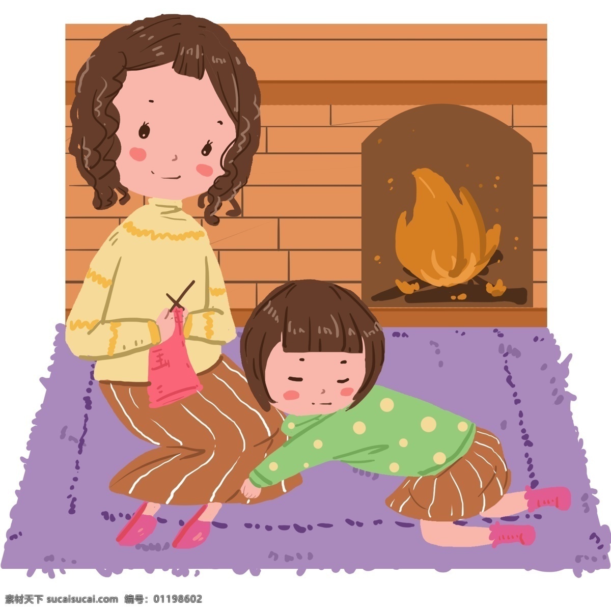 妈妈 冬天 小孩 织 围巾 冬季 严寒的冬天 开心 幸福 温暖 睡着 小女孩 粉色 漂亮 坐在 地毯 上