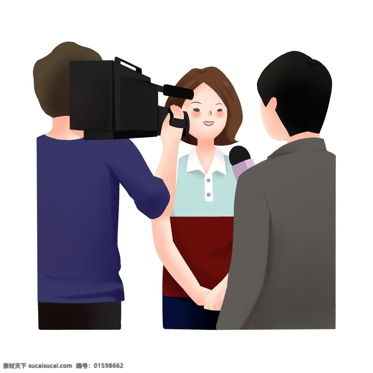 记者 多人 三 人 人物 男人 女人 采访 场景 卡通 话筒 中国记者日 三人 手绘 摄像师