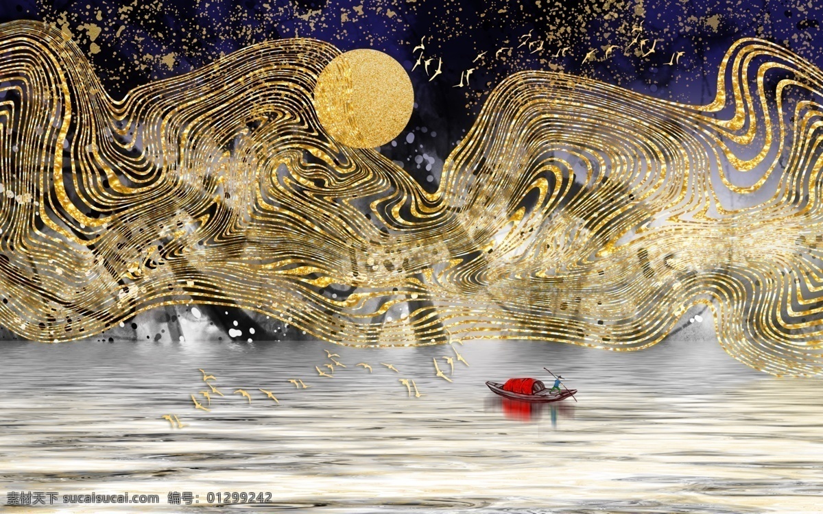 渔夫与日落 新中式背景墙 水墨山水 电视背景墙 背景墙 麋鹿 森林 金色线条 抽象线条 沙发背景墙 中式背景墙 禅境 禅意 新中式山水 金箔 日出 飞鸟 抽象 壁画 挂画 装饰画 抽象画 山水 抽象山水 中式 中式山水 金色 线条 金色背景 树林 金色山水 中式背景
