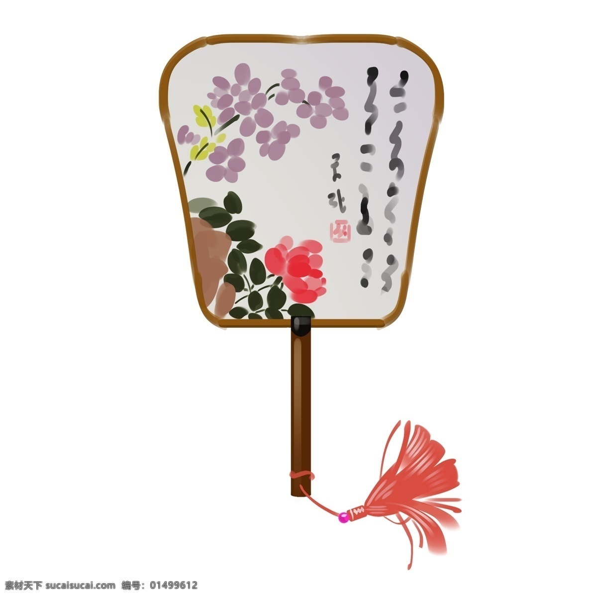 漂亮 扇子 手绘 插画 漂亮的扇子 手绘扇子 古风扇子 可爱的扇子 紫色 鲜花 红色的吊穗