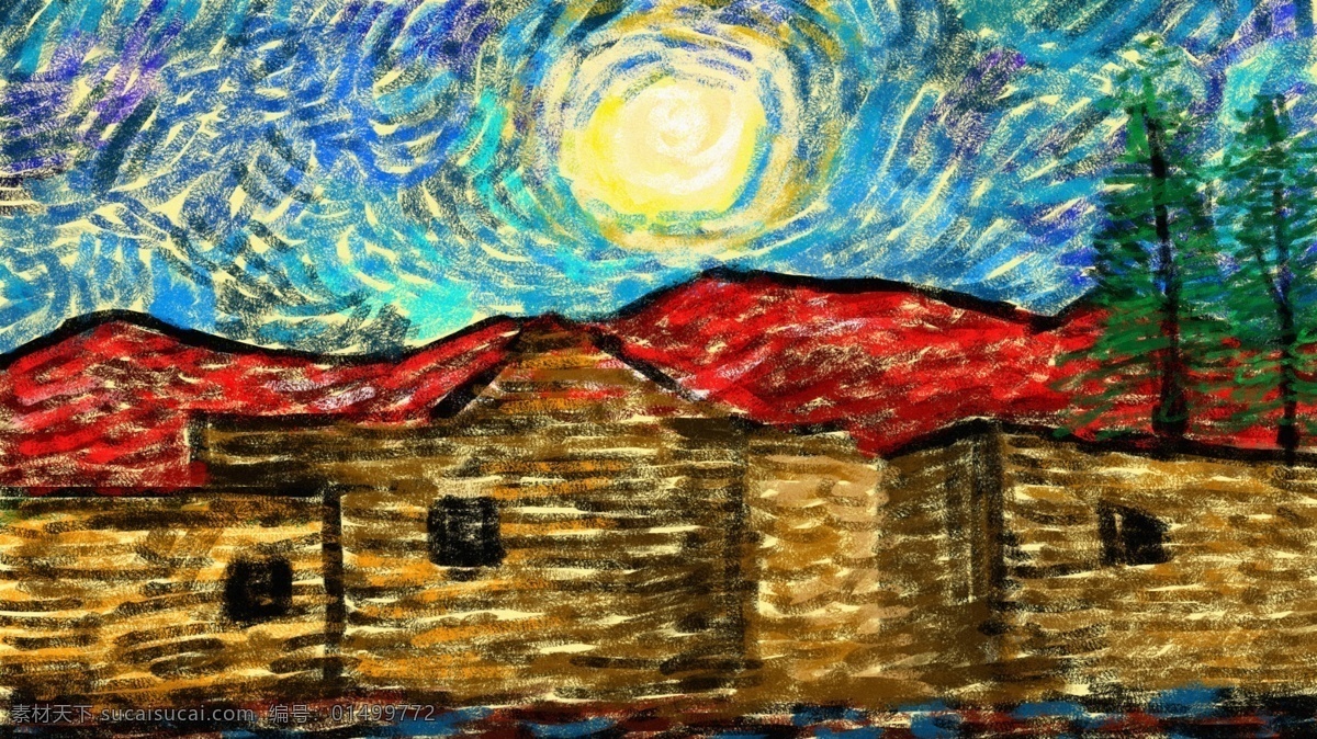 皓月当空 仿 油画 点 彩 原创 插画 月亮 古典 肌理 配图 壁纸 皓月 点彩