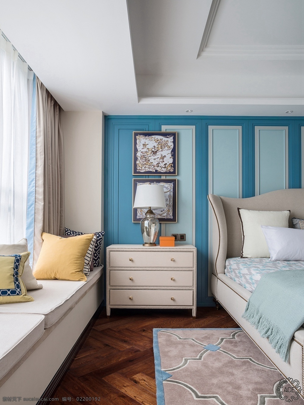 美式 时尚 卧室 蓝色 背景 墙 设计图 家居 家居生活 室内设计 装修 室内 家具 装修设计 环境设计 背景墙