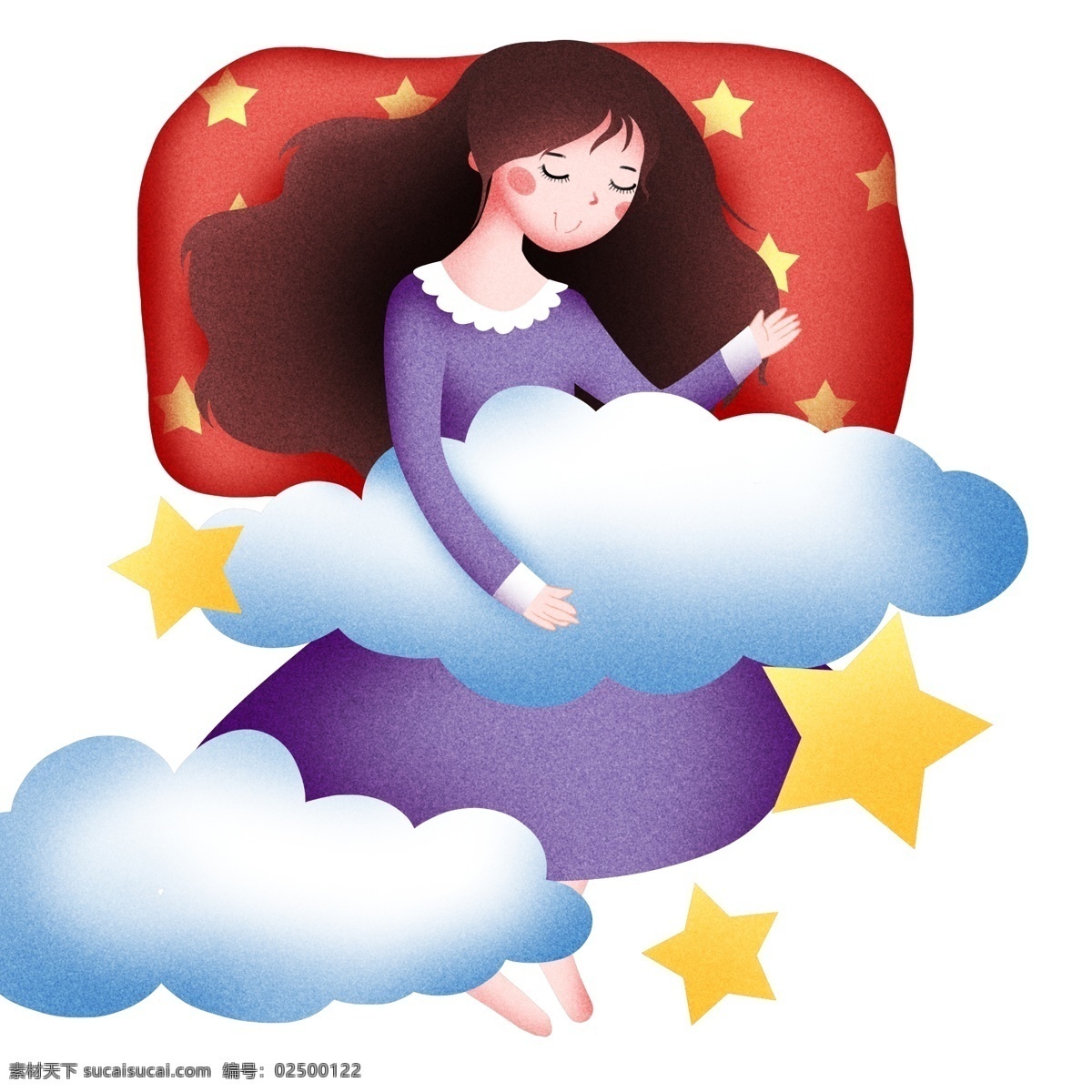 抱 云朵 睡觉 女孩 插画 蓝色的云朵 睡觉的女孩 黄色星星 世界睡眠日 红色枕头 云朵装饰 夜晚睡觉