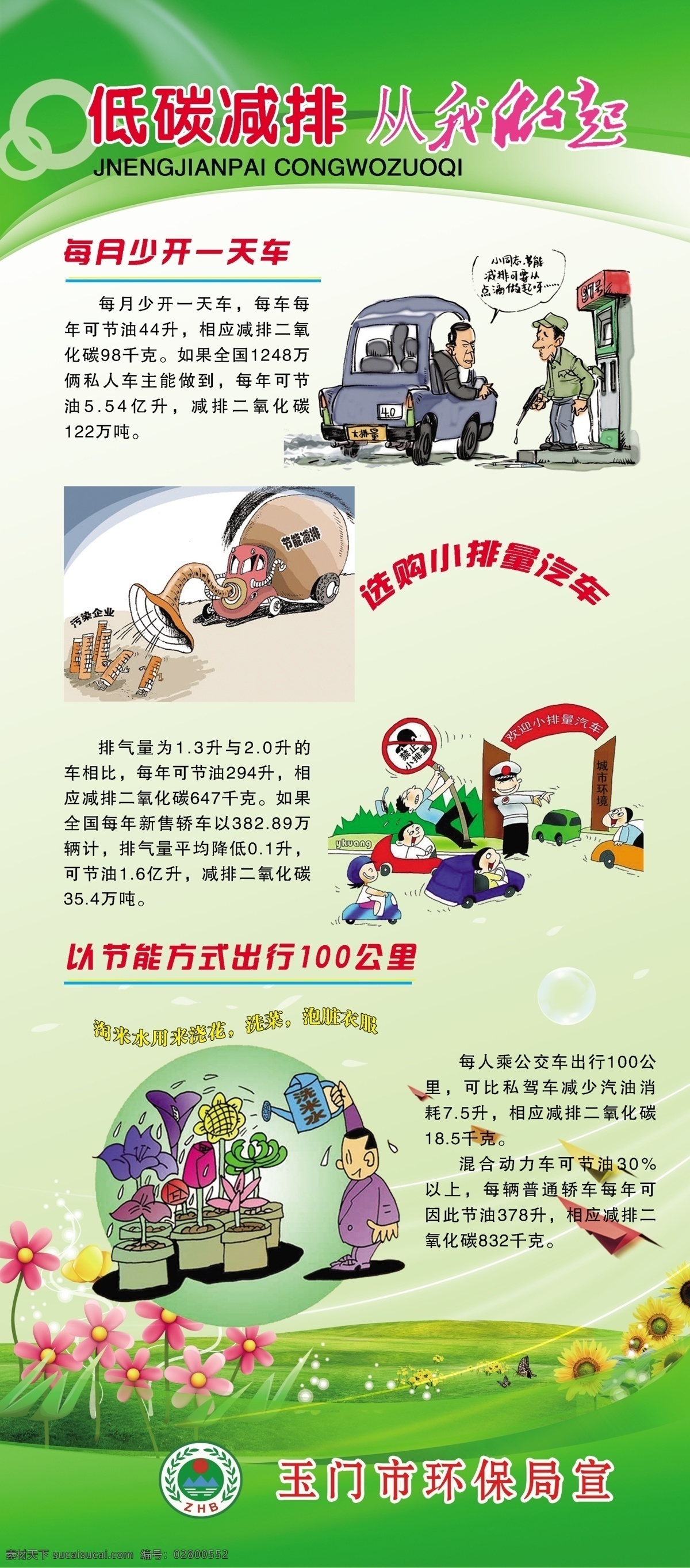 低碳减排 从我做起 节能漫画 卡通画 向日葵 绿色背景 易拉宝画面 展板 草地 白云 泡泡 环保局标志 展板模板 广告设计模板 源文件