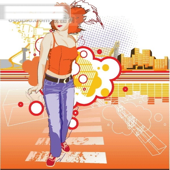街 中 美女 橙色 街道 楼房 圆点 矢量图 矢量人物