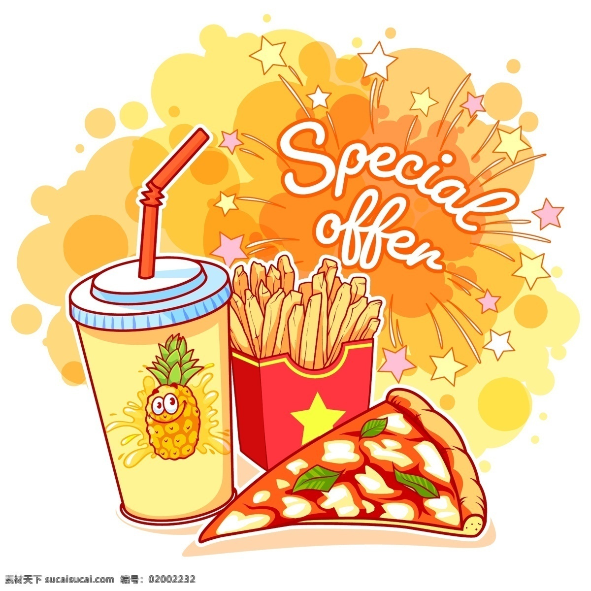 彩绘 快餐 食品 特价 海报 矢量 eps格式 可乐 薯条 菠萝汁 披萨 special offer 矢量图 白色