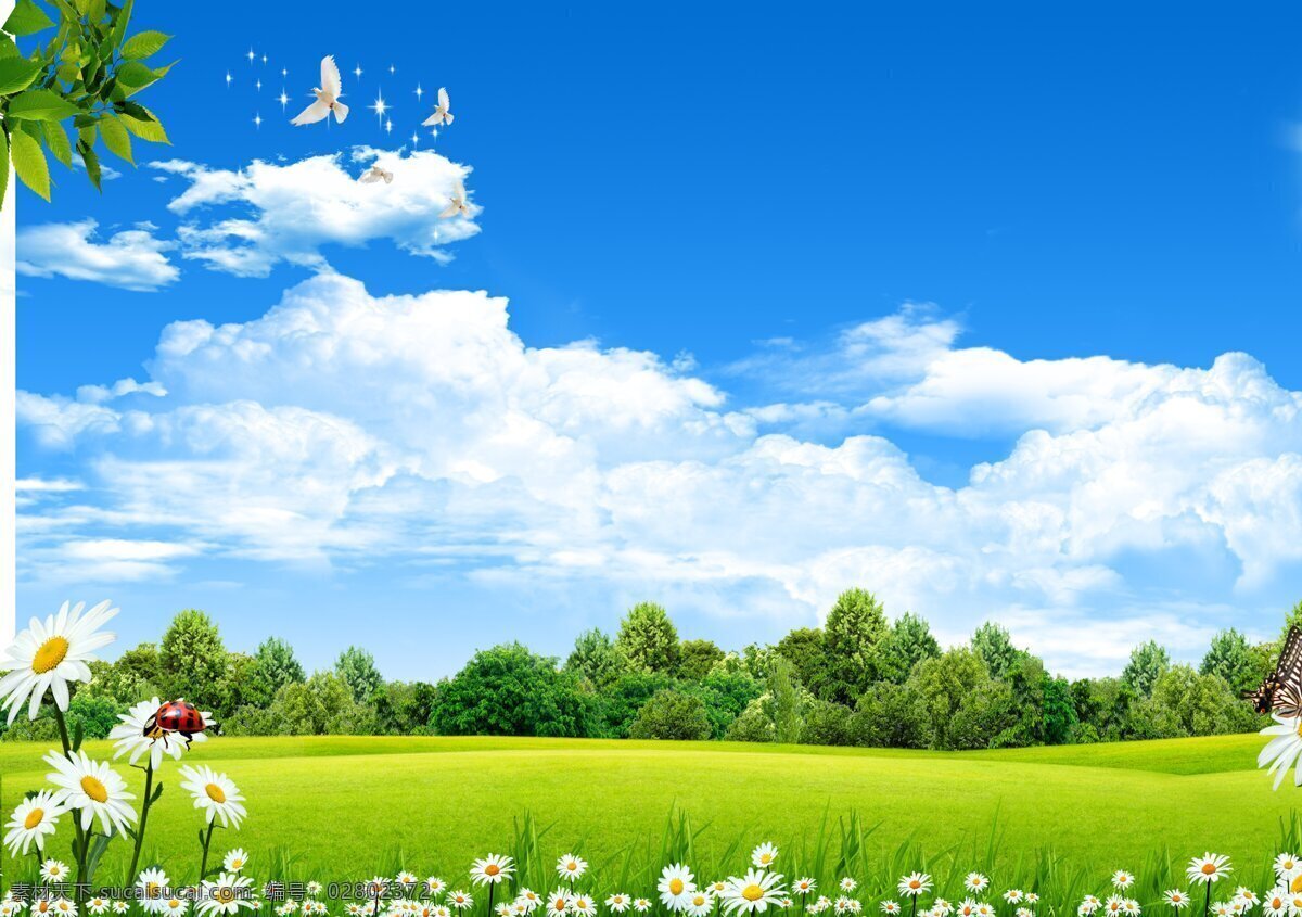 蓝天白云素材 蓝天 白云 云 天 蓝天白云 自然景观 自然风景 草地 房子 花 版面 自然风光