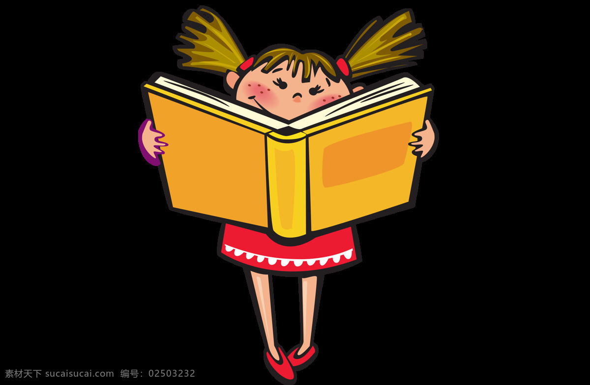 手绘 女孩 阅读 元素 卡通 可爱女孩 小辫子 书籍 png元素 免抠元素 透明元素