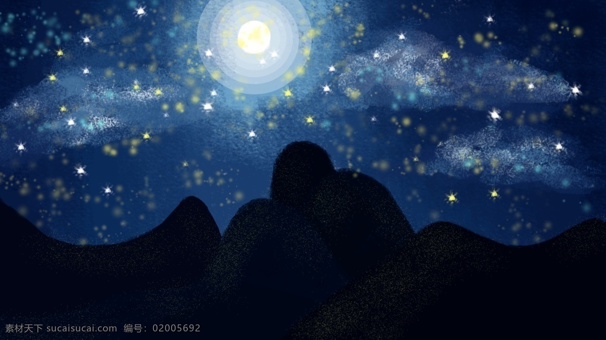 手绘 治愈 插画 晚安 星空 星星 装饰画 蓝色 剪纸 深夜 晚上 夜晚 月亮 山 剪影 壁纸 手机壳 海报 背景 白云