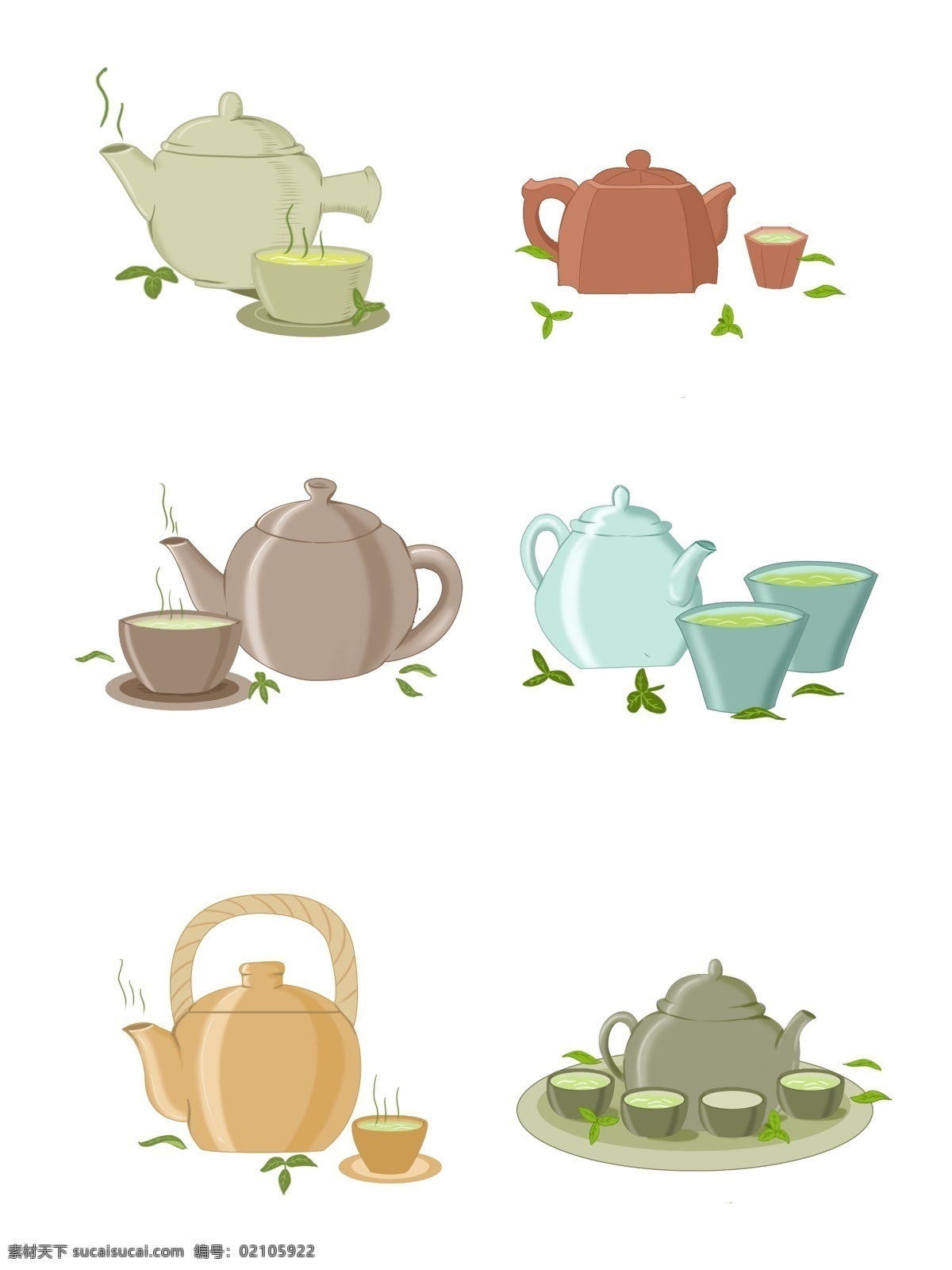 手绘 茶壶 茶杯 茶叶 陶瓷 中国风 可商用 装饰