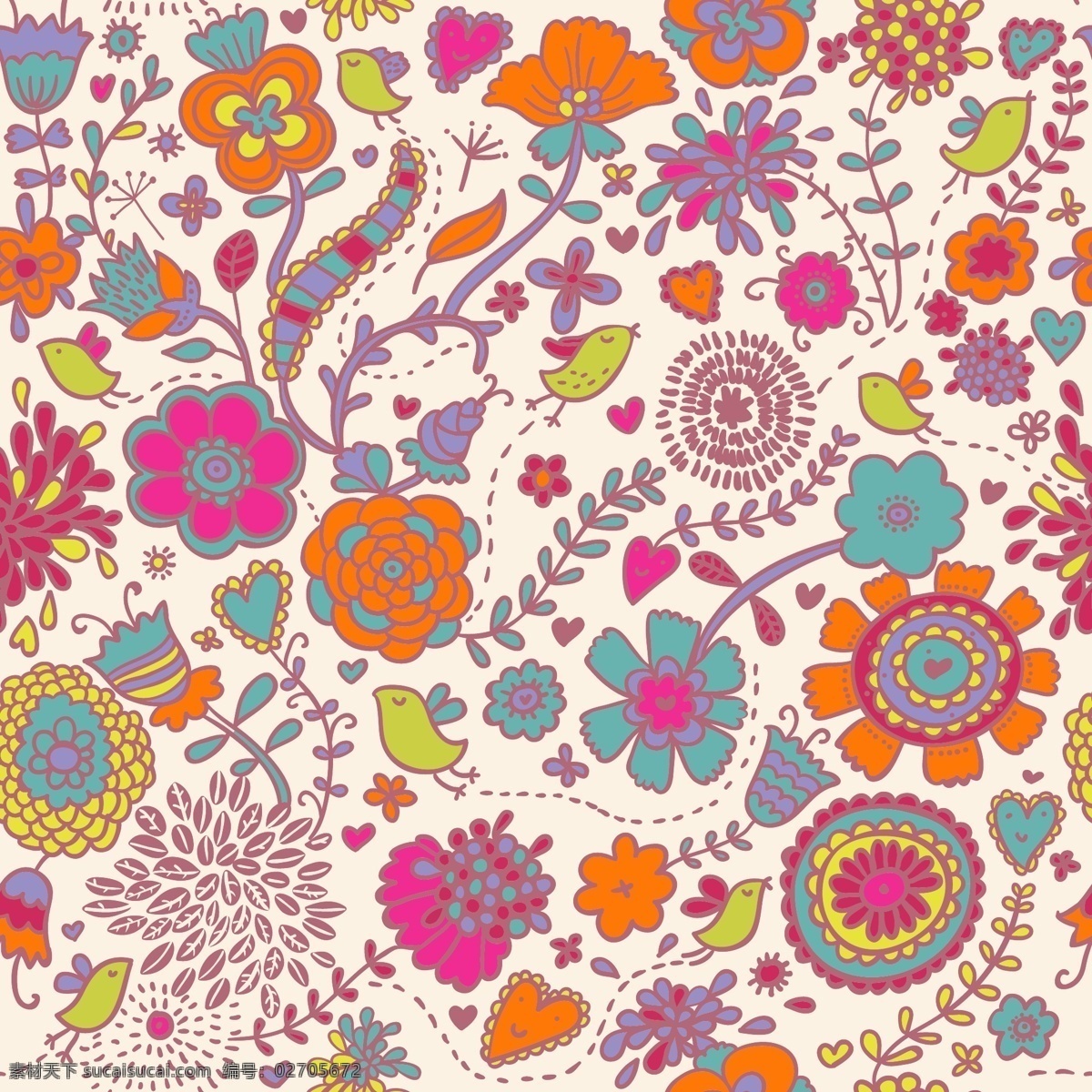矢量 可爱 彩绘 花卉 背景 花朵 矢量素材 小鸟 矢量图 花纹花边