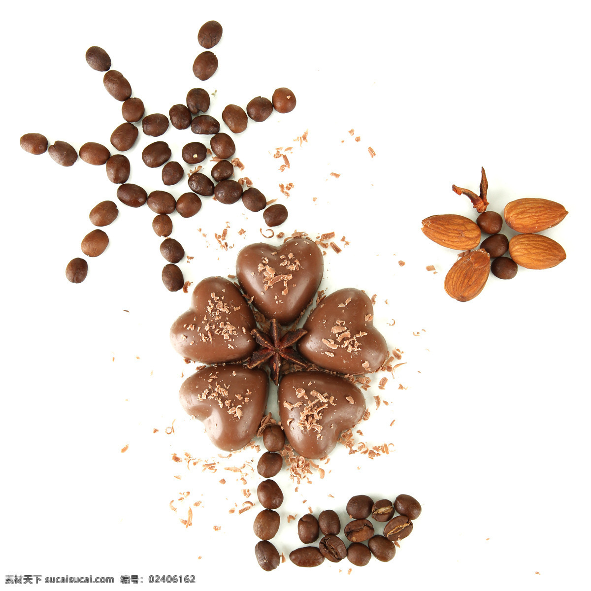 巧克力 咖啡豆 杏仁 巴旦木 创意花朵 蝴蝶 太阳 咖啡图片 餐饮美食