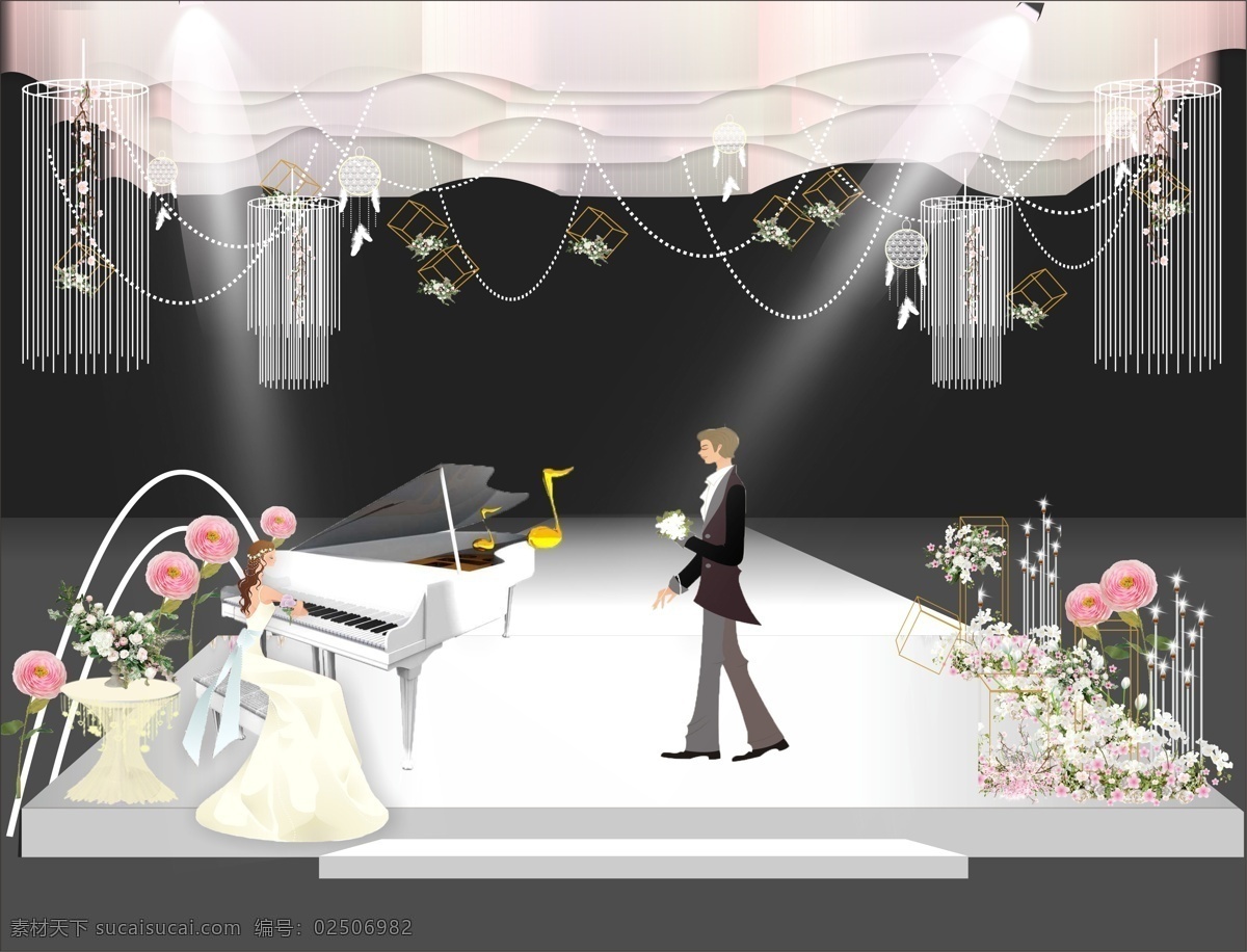 唯美 浪漫 吊顶 交接 区 婚礼 钢琴 婚庆 效果图 方面 工装