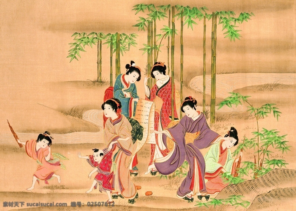 东洋仕女 仕女 女子 孩子 竹林 东洋 日本 日式 古代女子 唐服 和服 和服女子 唐代女子 浮士绘 艺术背景 彩画 彩墨 白描 彩绘 装饰画 绘画 绘画艺术 古画 绘画书法 文化艺术