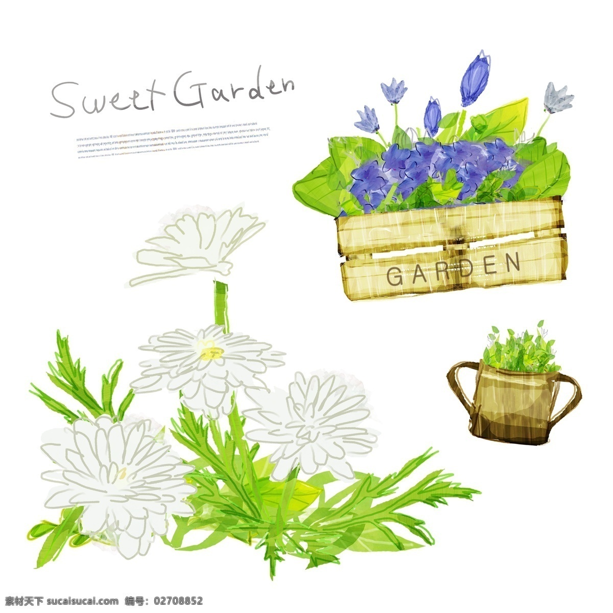 花朵 植物 手绘 风格 插画 分层 韩国素材 tua 唯美 花卉 绿叶 叶子 花园 紫色 sweetgarden 白色