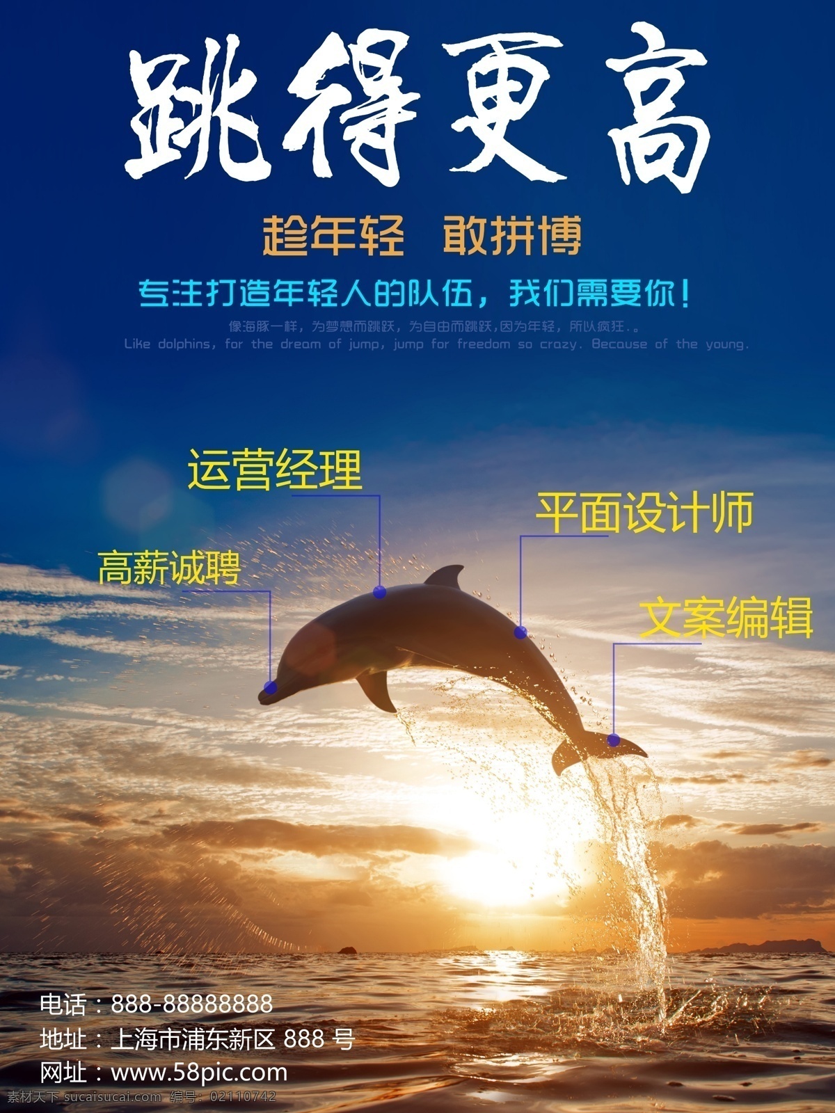 年轻 敢 拼 博 跳 更 高 企业招聘 海报 趁青春 大海 公司 海豚 激励 蓝色 去奋斗 跳得更高 招聘海报 治愈