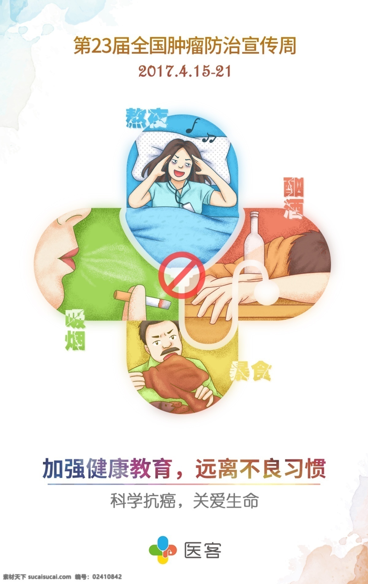 全国 肿瘤防治 宣传周 海报 2017 肿瘤 宣传 插画 漫画 手绘 卡通 q版 癌症 健康 医疗