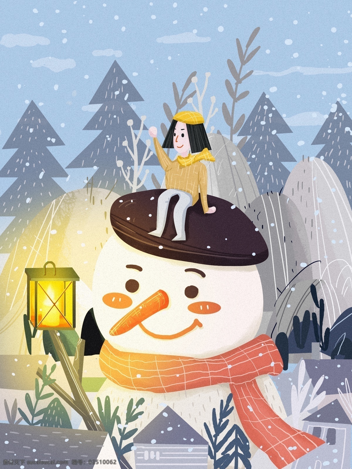 唯美 冬季 寒 雪 中 温暖 盏 明灯 雪人 女孩 光 唯美冬季 寒雪 文章配图 手机媒介配图