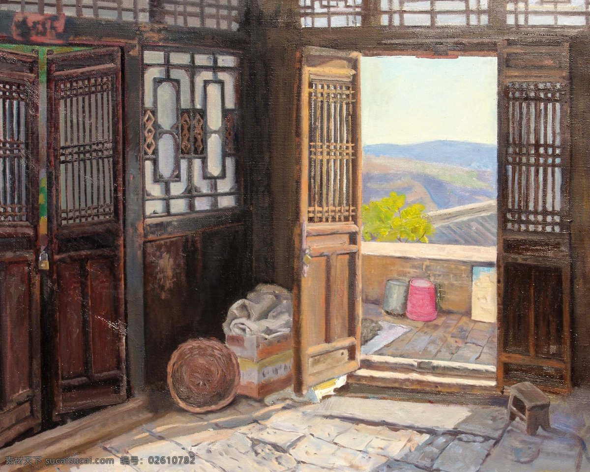 房间 绘画书法 美术 门口 农家 山岭 文化艺术 黄土地之韵 油画 乡村 西北民居 油画艺术 油画作品47