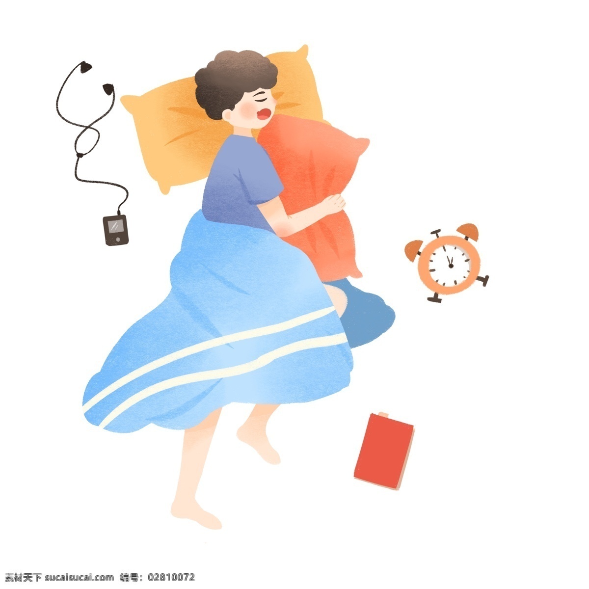 睡觉 小女孩 闹钟 世界 睡眠 日 插画 睡觉的小女孩 黄色的闹钟 卡通人物 黑色的耳机 休息