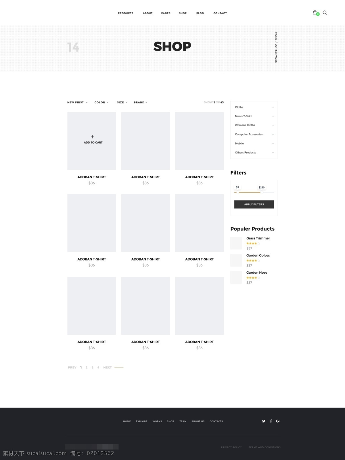 创意 机构 投资 组合 商店 应用 页面 模板 psd格式 白色 黑色 价格 简约 欧美 商品 网页界面 文字 展示
