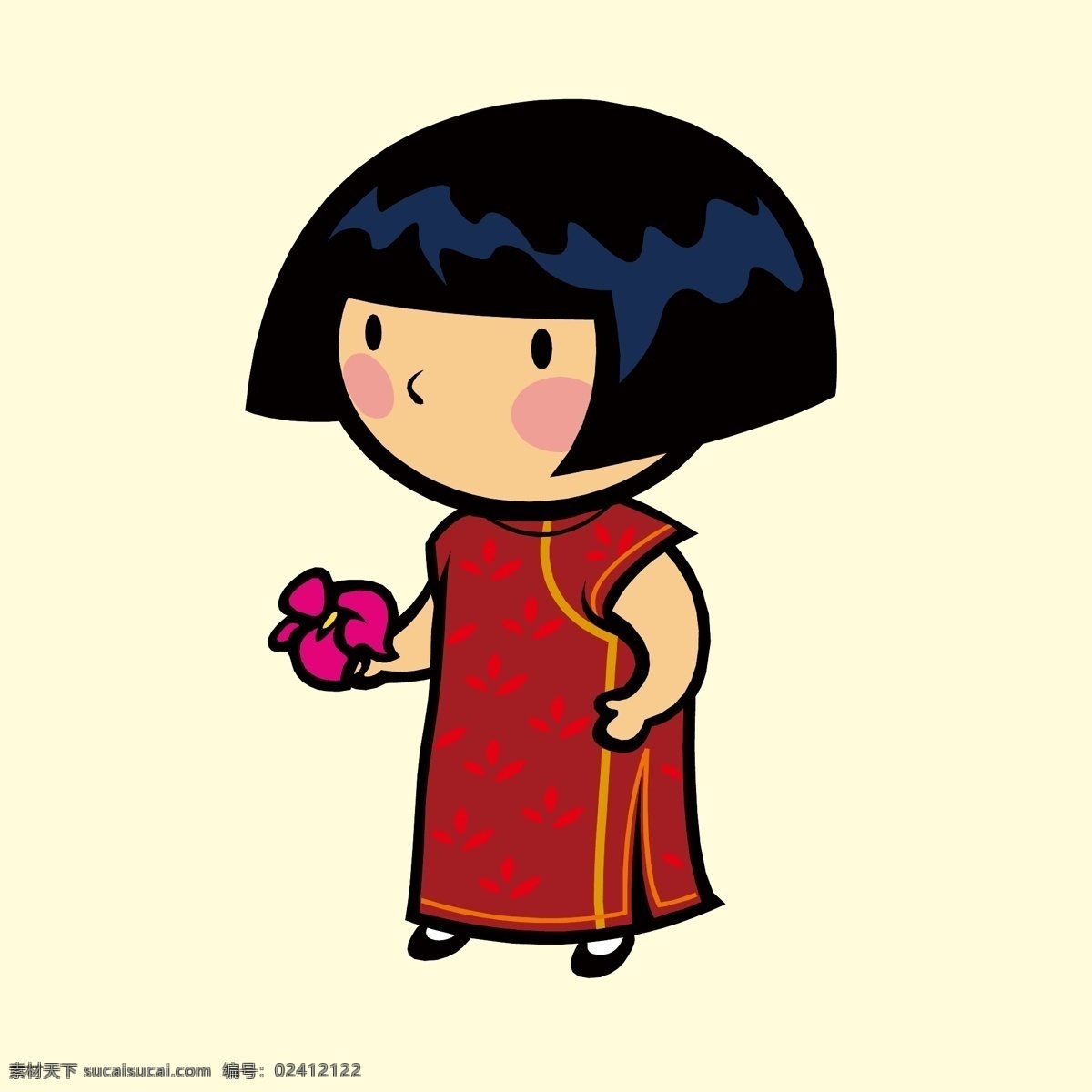 拿着花的女人 拿着花的妇女 旗袍女人 卡通旗袍服装 卡通妇女 卡通女人 人物插画设计 男性人物设计 女性人物设计 儿童人物设计 矢量卡通人物