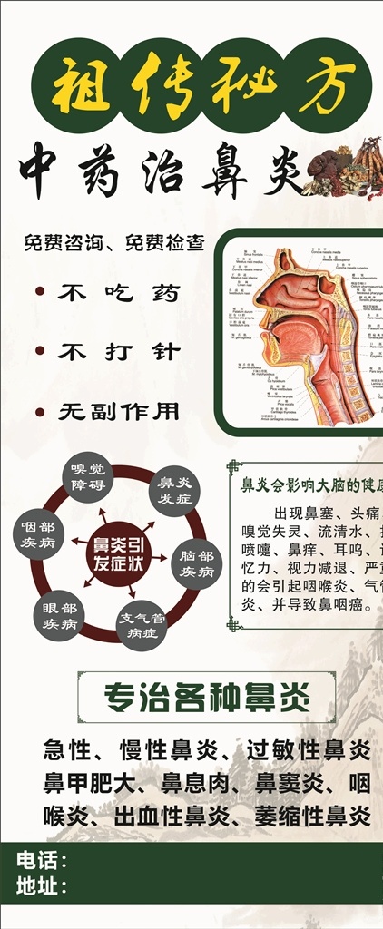 鼻炎展架 祖传鼻炎秘方 中药治鼻炎 祖传秘方 养生展架 古典背景