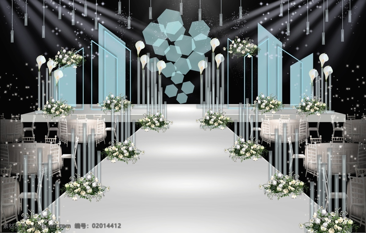 蓝白 色系 创意 几何 小 清新 婚礼 舞台 效果图 玻璃管素材 白绿花艺素材 白色 孔雀 草 马蹄莲素材 白色桌椅素材 蓝色 四边形 铁艺 框 半 透明 六边形 亚克力 板 创意几何结构 星空 效果 灯光 简约 大方 不规则