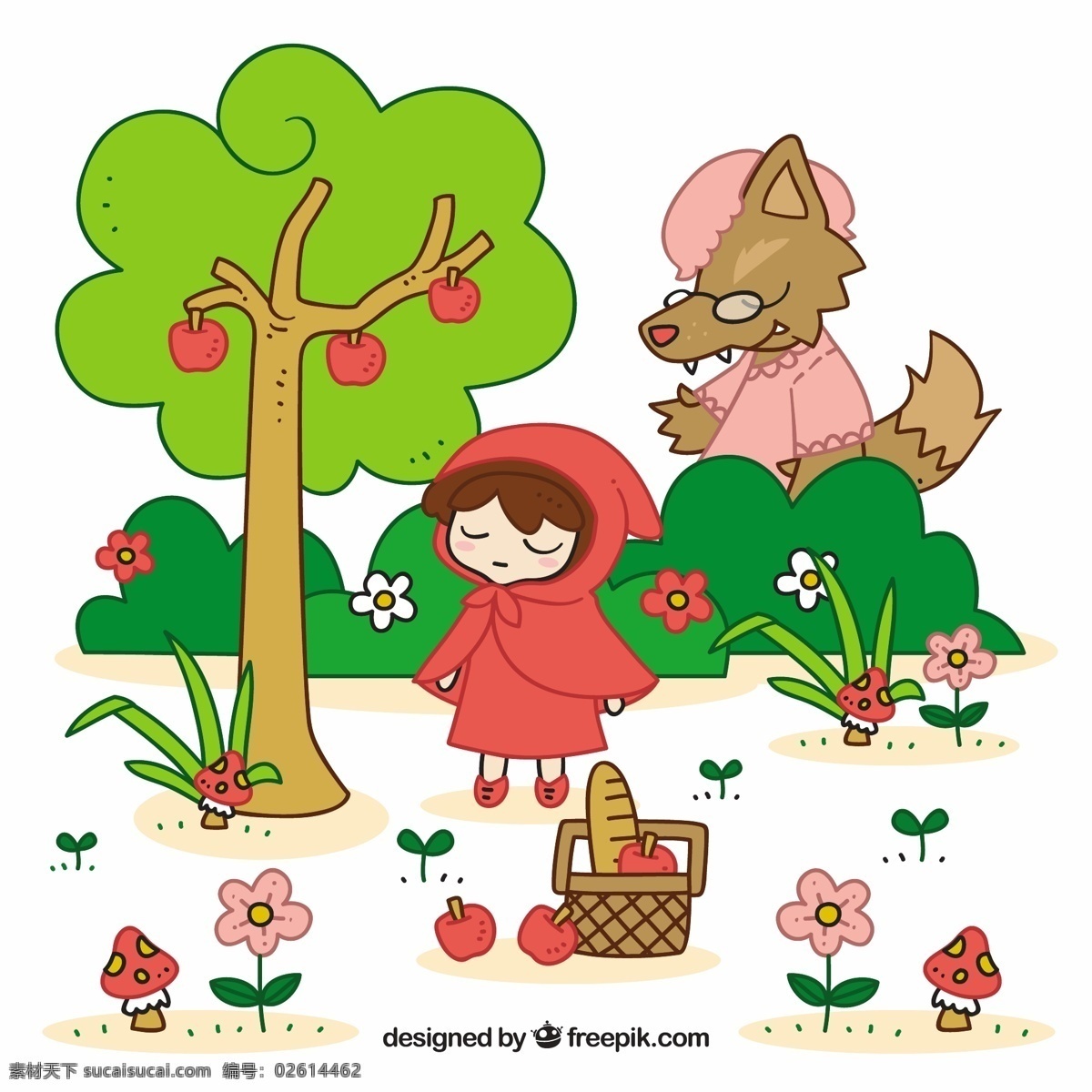 可爱 小红帽 狼 树 儿童 卡通 红 苹果 性质 森林 可爱的 面包 创意 童话 篮 人物 蘑菇 幻想 奶奶 故事