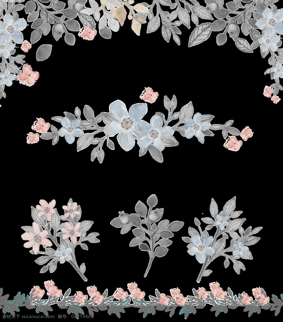 免 扣 白色 插画 黑色 花瓣 花环 花卉 卡通 手账素材 淘宝 透明素材 叶子 手绘 合集 植物 装饰图案