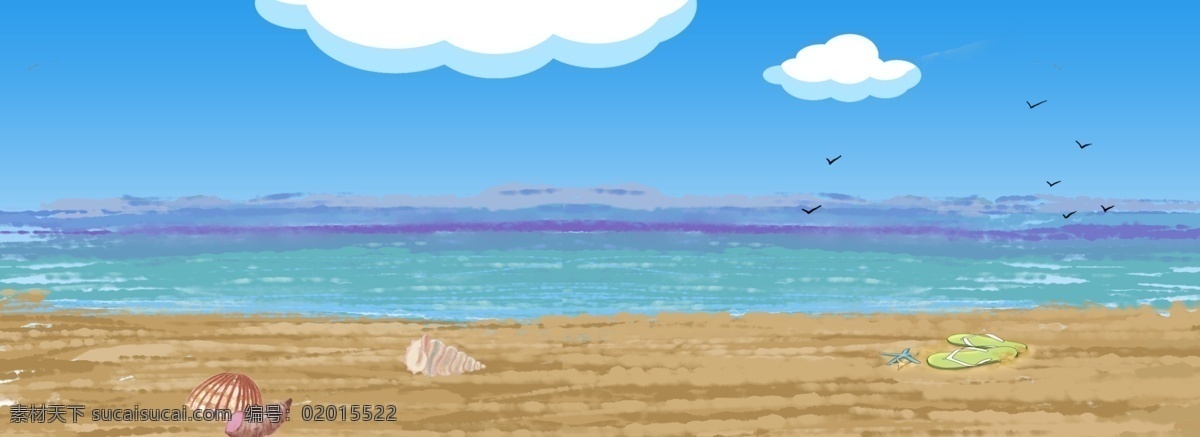 卡通 涂鸦 风 大海 惬意 banner 面朝大海 蓝天 白云 海螺 海鸥 夏天 天晴 舒适