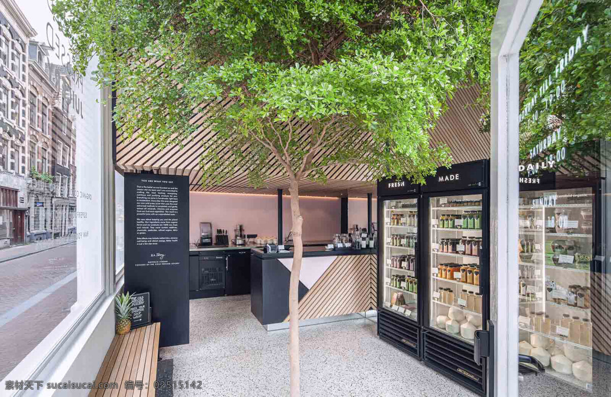 简约 时尚 甜品 店 墙砖 墙壁 装修 效果图 大树 灰色地板砖 甜品店 置物柜